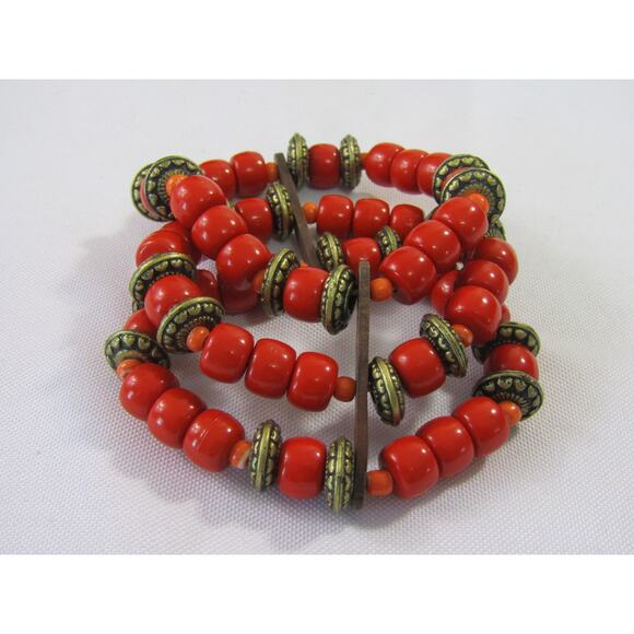 None Jewelry - Orange Moroccan Stretch Bead Wrist Bracelet 5" Y2K Whimsical Art Boho Cottage